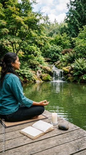 Woman meditating by a pond, peaceful zen garden scene.