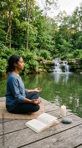 Woman meditating on wooden dock, waterfall background.
