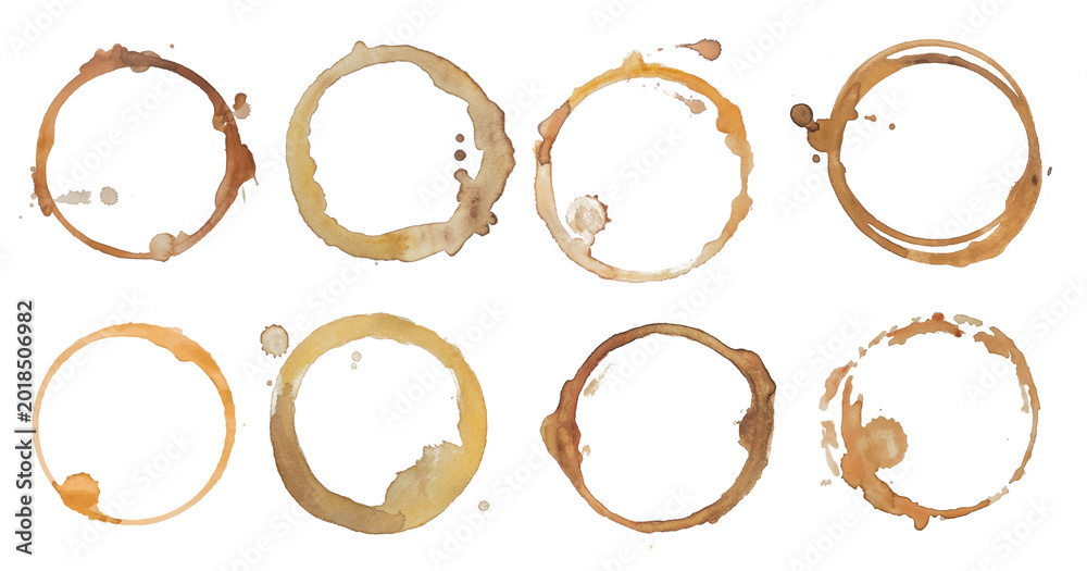 Fototapeta premium Coffee stains set collection on white. Coffee cup stain isolated Png, coffee stains in multiple shapes on transparent background