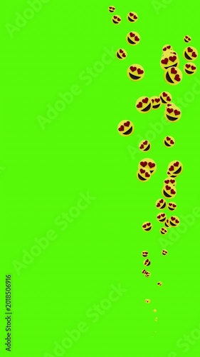 Vertical animation of heart eyes emojis rising on green screen background. Seamless loop of floating love face emoticons for video overlay. Heart eyes emoji rising animation on green background.
