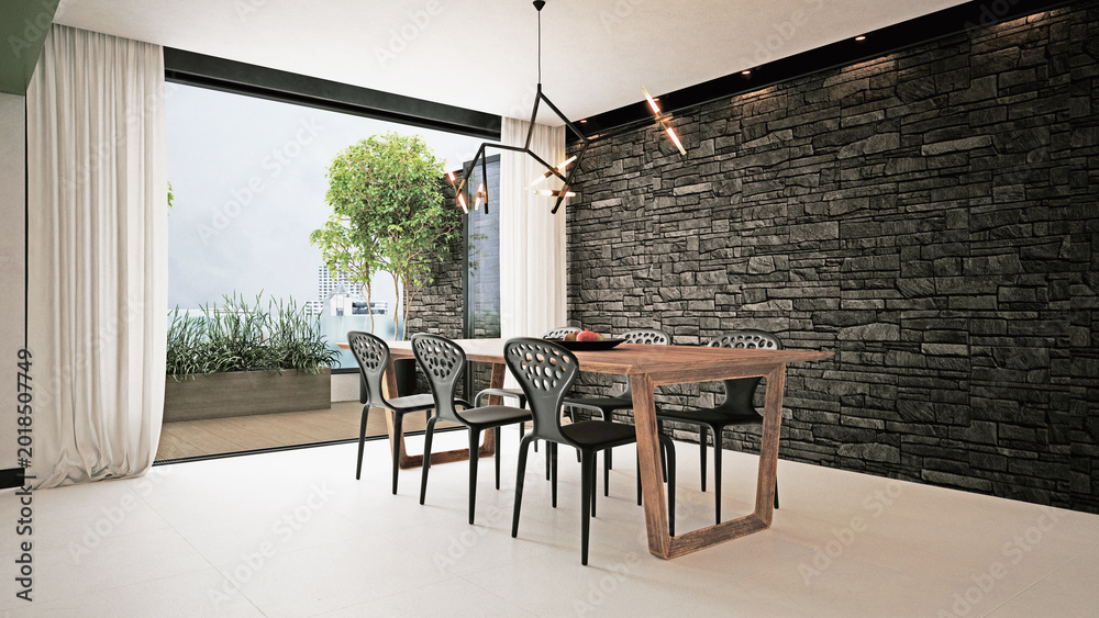 Fototapeta premium 3D render of a modern dining room with a stone wall. Contemporary interior opening to a balcony