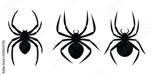 Fotografia Set of black spider vector silhouettes, Creepy insect icons, Halloween, Horror d