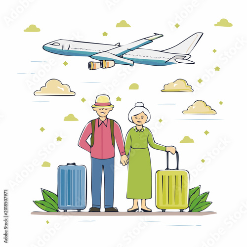 Elderly Couple Traveling by Airplane with Luggage