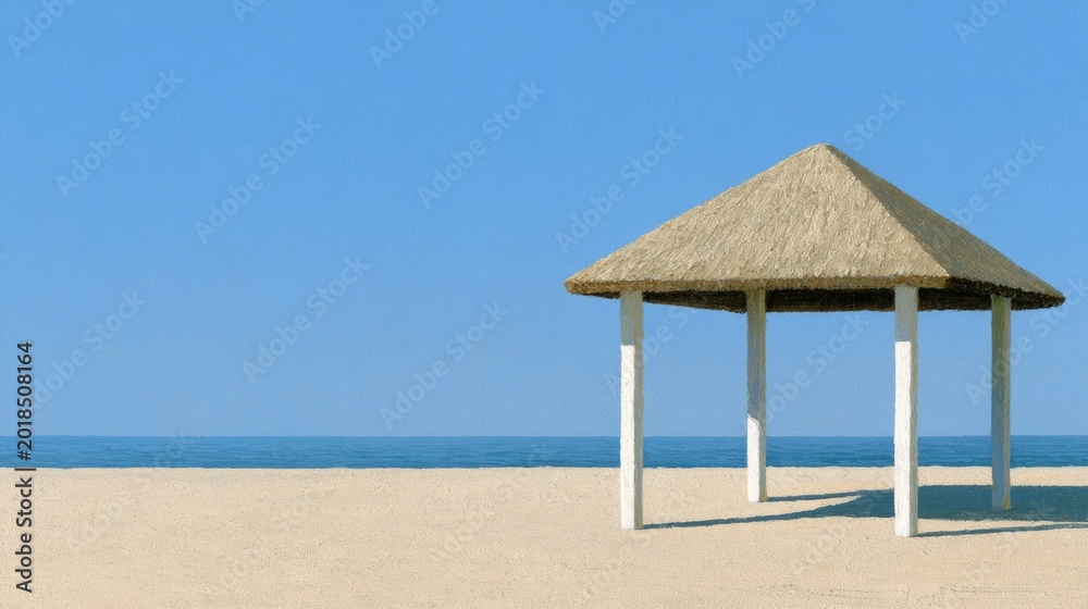 Fototapeta premium Solitary thatched shelter on sandy beach under clear blue sky