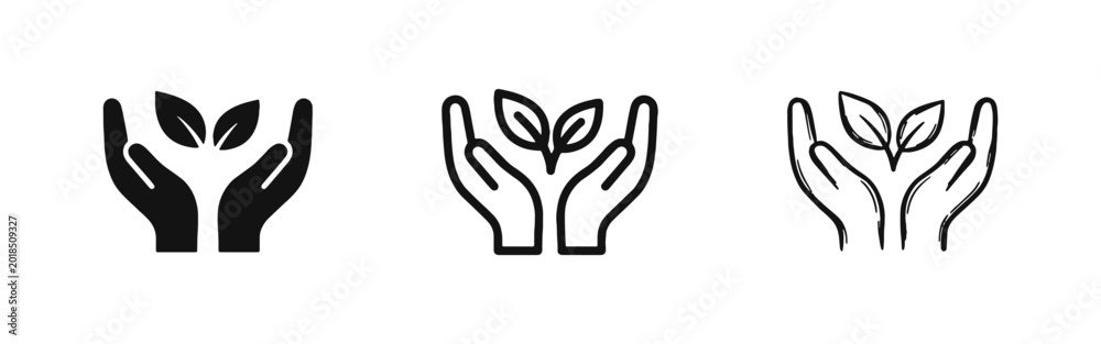 Obraz premium Hands Holding Growing Plant Icons - Ecology Sustainability and Growth Symbol Set