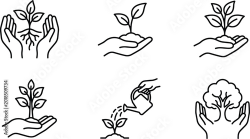 Foto Gardening hands and plant care icon illustration set, black-and-white designs sh