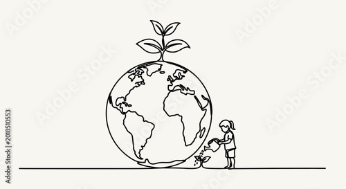 Minimalist world with girl watering sapling - environment concept