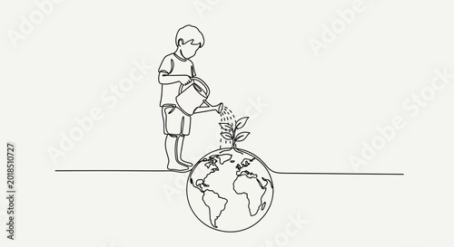 Child nurturing sprout, watering globe illustration, environmental symbol
