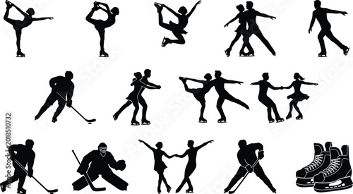Cuadro en lienzo Ice skating and hockey silhouette illustration set, black designs showing figure