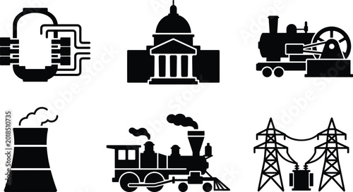 Schilderij op canvas Industrial energy vector illustration set, stylized silhouettes with nuclear rea