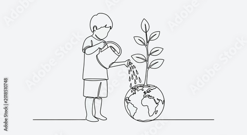 Child watering planet earth, eco-friendly environment concept