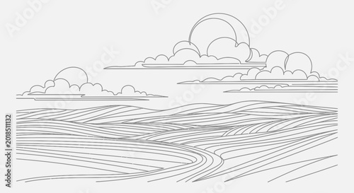 Minimalist landscape illustration, stylized clouds and fields, monochrome art