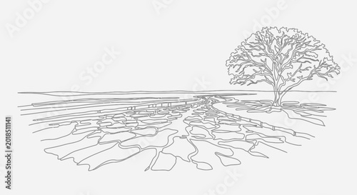 Minimalist Landscape Illustration: Tree in a Cracked Earth Setting