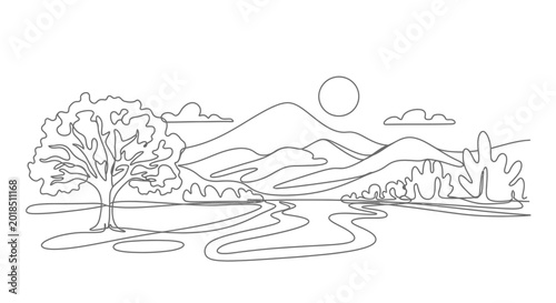 Minimalist Landscape in Continuous Line Art: Sun, Mountains, River, and Trees