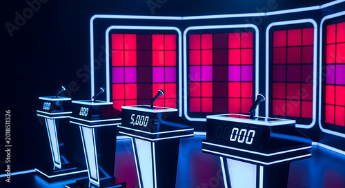 Empty game show stage with four podiums featuring digital score and microphones against a red and purple illuminated grid background
