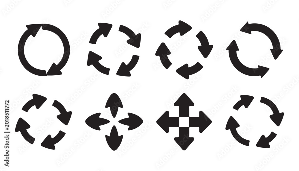 Fototapeta premium Set of black arrows collection of recycle arrow, refresh arrow in circle, and four way arrow.