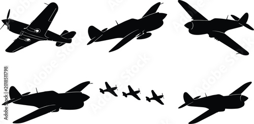 Fényképezés Vintage fighter aircraft silhouettes, military aviation and warplane concept, hi