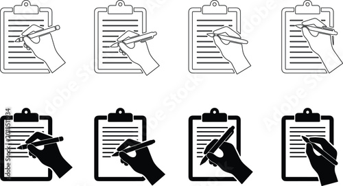 Φωτογραφία Writing vector illustration set, stylized silhouettes with hands, pens, clipboar