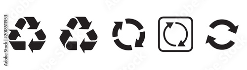 Universal recycling symbols and circular arrow icons collection for sustainable packaging and design.