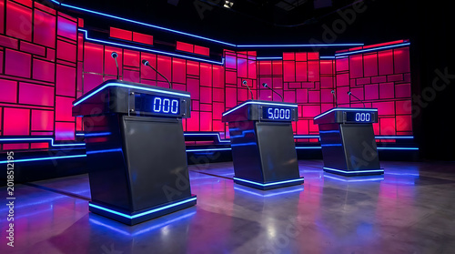 Three game show podiums with digital score and microphones on a dark studio stage with red illuminated rectangular wall panels in the background