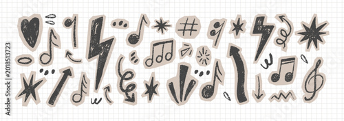 Fotografía Punk rock doodle set with sketched icons, lightning bolts, hearts, and vintage grunge textures