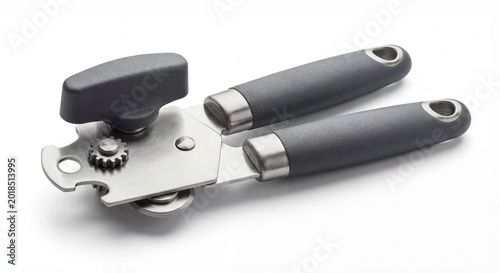 Manual can opener with gray handles on white background
