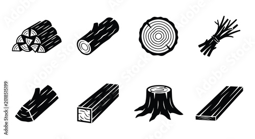 Tableau sur toile Collection of wood logs and lumber silhouettes on a white background
