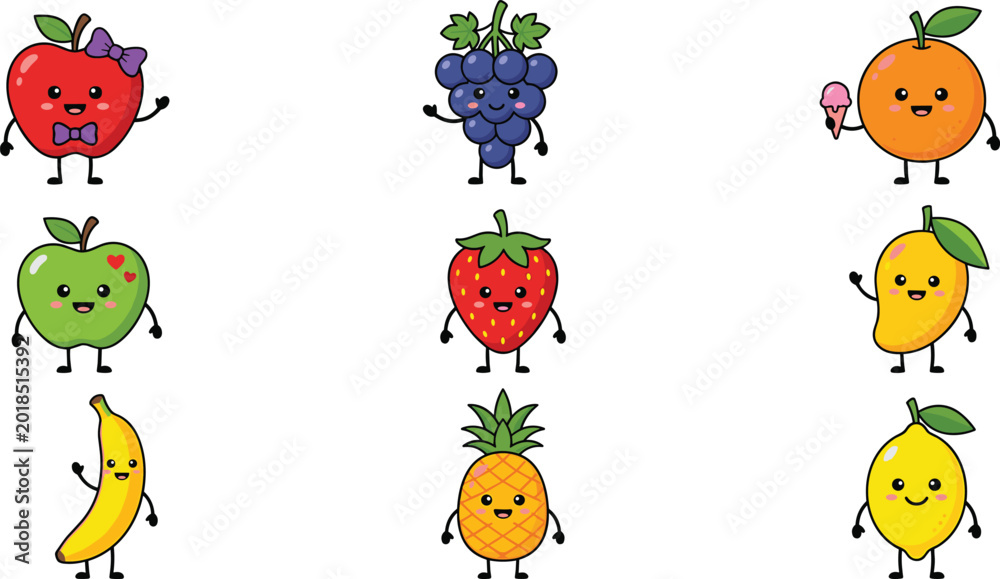 Obraz premium Cute Kawaii Fruit Character Mascot Set with Apple, Grape, Orange, Strawberry, Mango, Banana, Pineapple, and Lemon for Kids and Food Designs