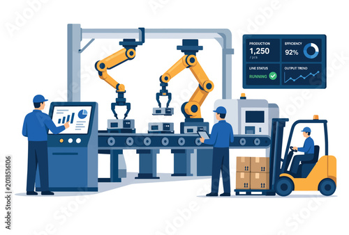 Valokuva Industrial Robots Factory Workers.