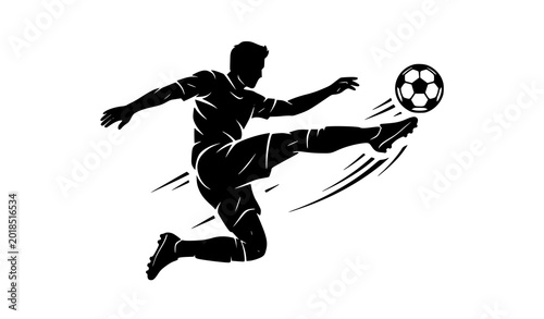 Canvastavla Football Player Bicycle Kick Black Vector Silhouette Isolated on White Backgroun