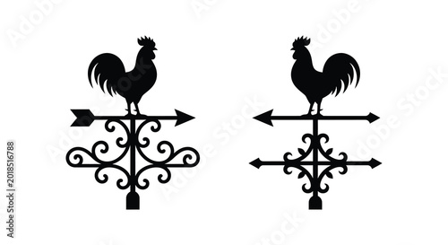 Bild auf Leinwand Rooster weather vane silhouettes with directional arrows on white background