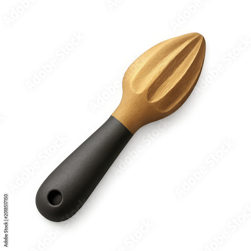 Manual citrus juicer with wooden reamer head and black textured handle. Kitchen tool for extracting juice from lemons or oranges.