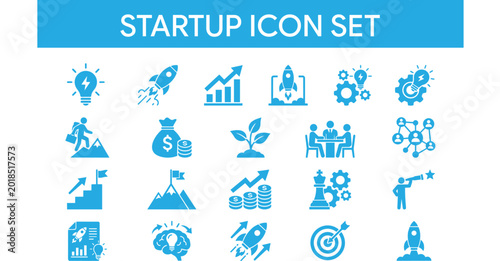 startup icon set, business icons vector, startup icons pack, rocket launch icon, growth arrow icon, business growth icons, flat ui icons set, blue icon set, cyan icons vector, modern startup graphics,