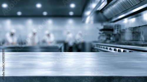 Blurred professional kitchen scene with foreground stainless steel counter