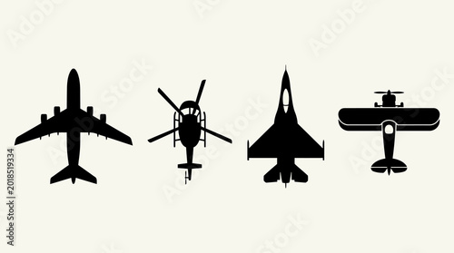 Aviation and aircraft silhouette set. Top view icons of commercial passenger airplane, helicopter, military fighter jet, and vintage biplane
