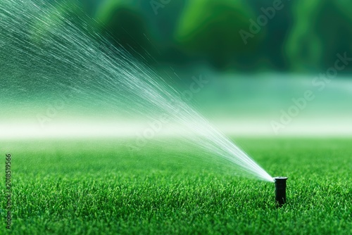 A sprinkler sprays water across a vibrant green lawn under a soft, hazy sky