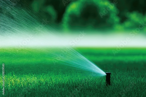 Sprinkler head watering a vibrant green lawn with a misty spray