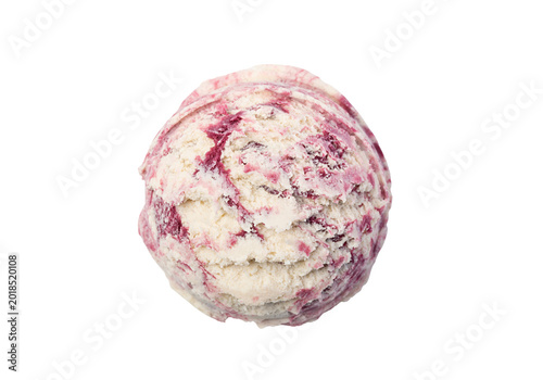 Strawberry cheesecake ice cream scoop, pink marble frozen dessert isolated on transparent background PNG