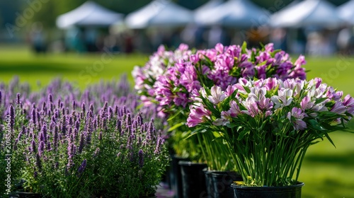 Potted purple and pink flowers lined up outdoors with white tents in background
