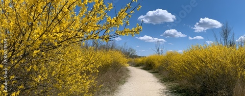 A winding path through vibrant yellow flowering bushes under a blue sky with clouds