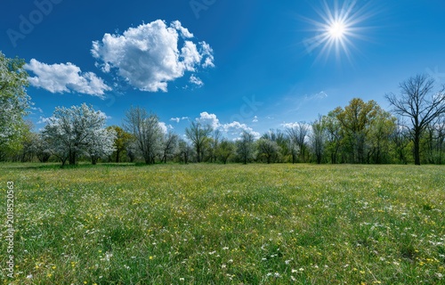 Sunny day in a blooming meadow with trees under a bright blue sky