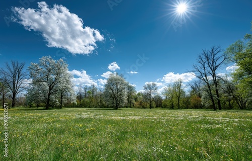Sunny spring meadow with blooming trees under a bright blue sky