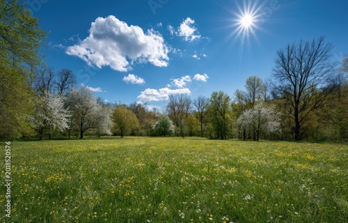 Bright sun shines over a field of yellow flowers and green grass, trees in background