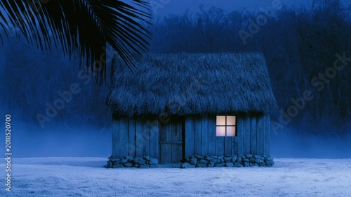 Small thatched-roof hut illuminated by a single glowing window at dusk