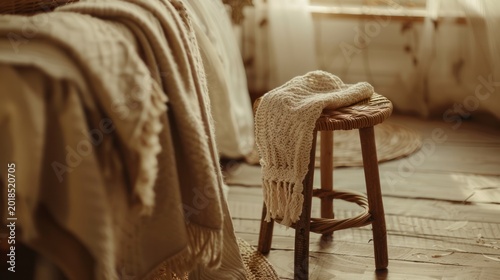 Knitted throw on wooden stool, cozy room