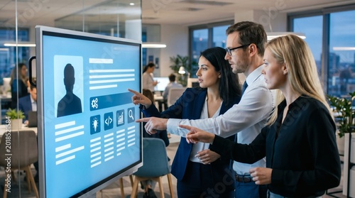 Business professionals collaborating on a large interactive digital screen displaying a profile in a modern office setting.