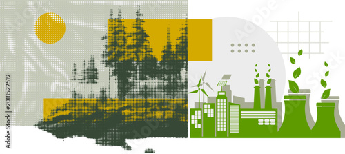 Tableau sur toile Halftone forest city and renewable energy contrast vector illustration balancing harmonic future of nature and technology on transparent background, made for various design applications