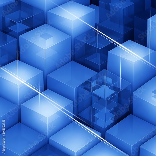 Three dimensional arrangement of glowing blue geometric shapes creates an abstract digital background