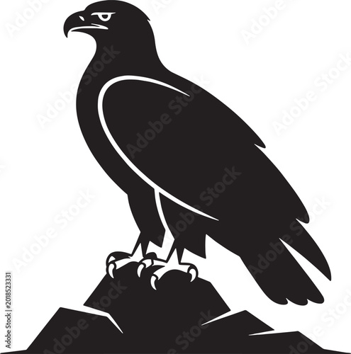 Eagle Silhouette Vector Illustration, Majestic Hawk Perched on Rock, Black and White Bird of Prey Mascot Logo for Branding and Outdoors