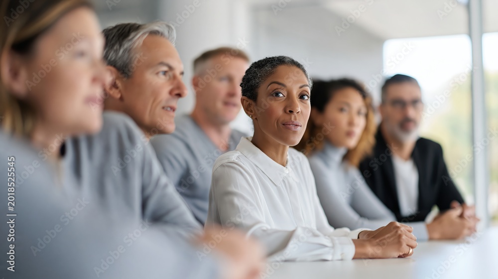 Obraz premium Business team meeting around conference table with focused woman listening during discussion in modern office.